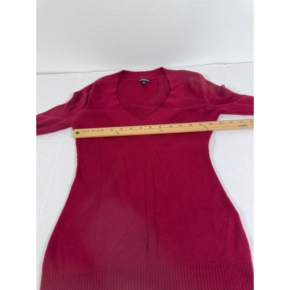Express V-Neck Sweater Womens Y2K Medium Berry Red Slim Fit Ribbed Knit - Picture 5 of 9
